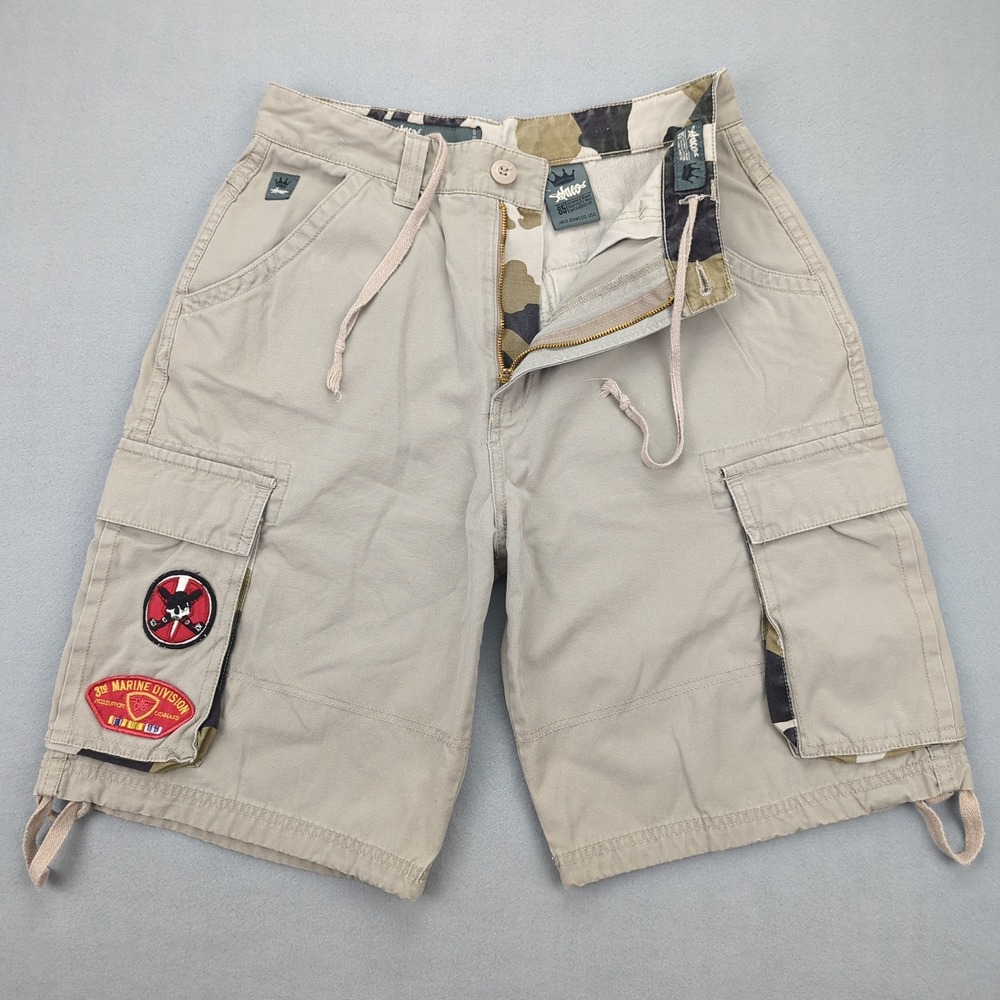 Vintage JNCO Cargo Shorts Mens 30‎ Beige Camo Military Patches Baggy Skater Y2K